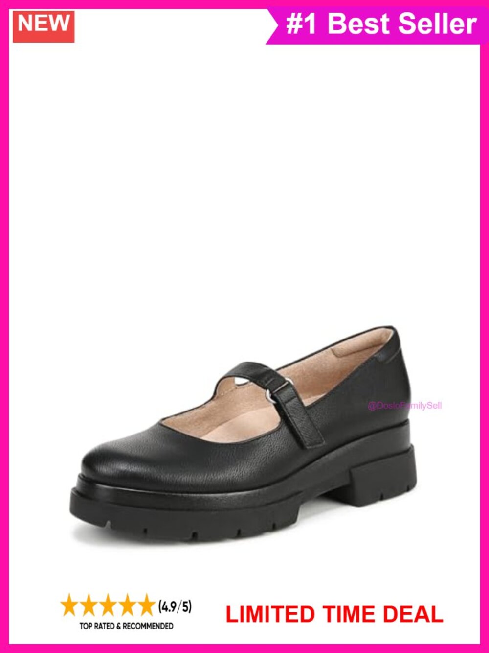 Mary Jane Flats Platform Lug Sole Round Toe Hook & Loop Faux Upper